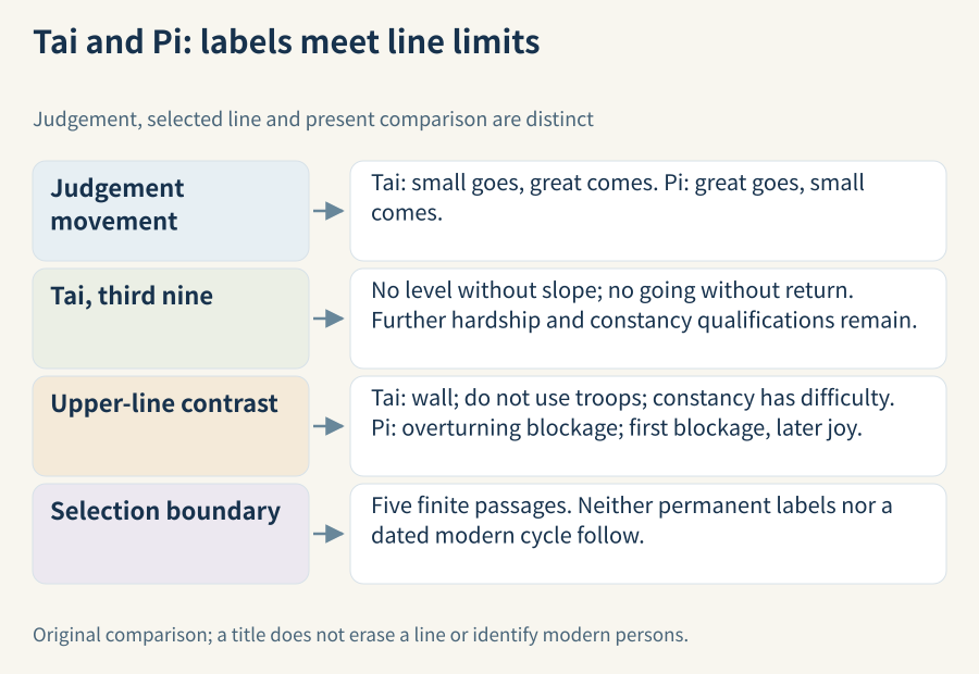 Tai's judgement, third-line return language and upper-line warning remain distinct; Pi's judgement and upper-line first-blockage/later-joy contrast remain distinct. The comparison does not assign a modern timetable.