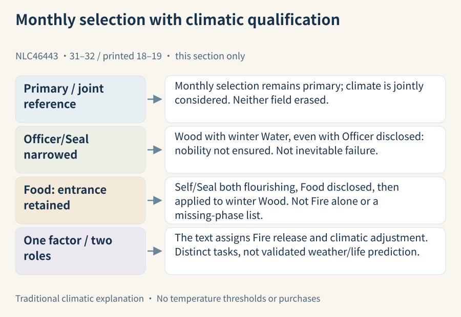 Monthly selection remains primary with climatic cross-checking; winter Wood/Water qualifies the Officer/Seal claim, while flourishing self/Seal and disclosed Food precede Fire's two roles