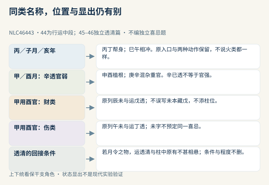 干支两组对照各保入口，甲酉官的财戊与伤丁显出路径分开；若月令之物透清才进入与原柱所录的比较